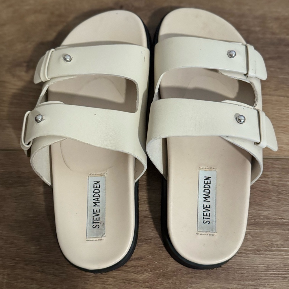 Steve Madden Mariel Bone Leather Studded Flatform Slide Sandals